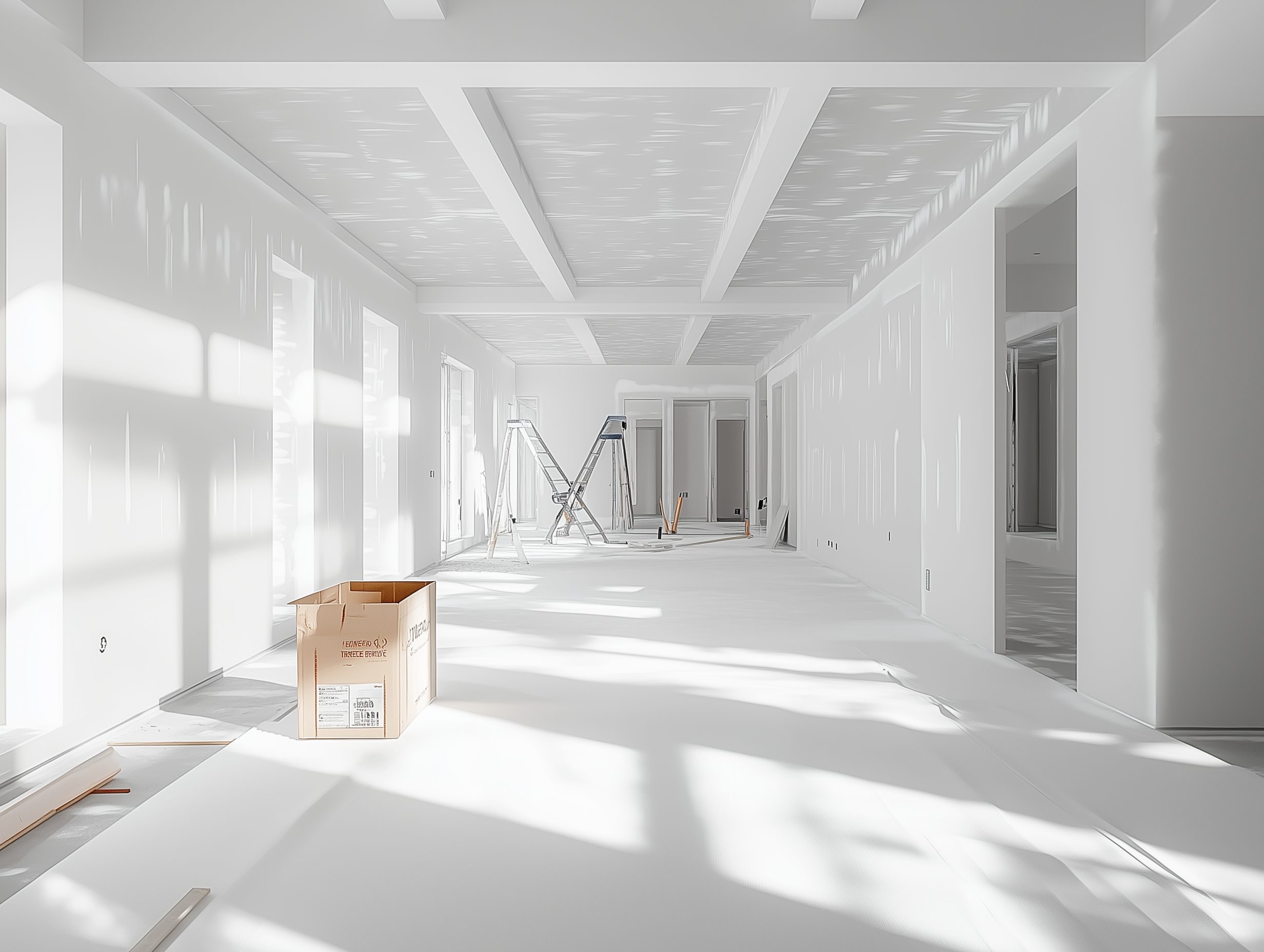 Interior taped, sanded and primed ready for paint, with a coffered ceiling and clean corners